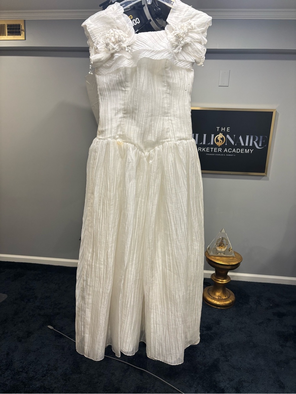 White Textured Sleeveless Gown with Floral Detail
